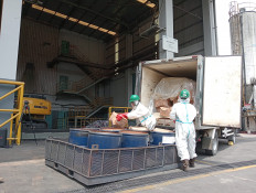 Workers at a dangerous and toxic waste disposal site operated by PT Prasadha Pamunah Limbah Industri (PPLi) prepare cardboard boxes of shrimp to be incinerated on Nov. 15 at the firm's facility in Nambo village, Klapanunggal district, Bogor regency, West Java. A total of 494 cardboard boxes, or 5.7 tonnes, of contaminated shrimp were destroyed.