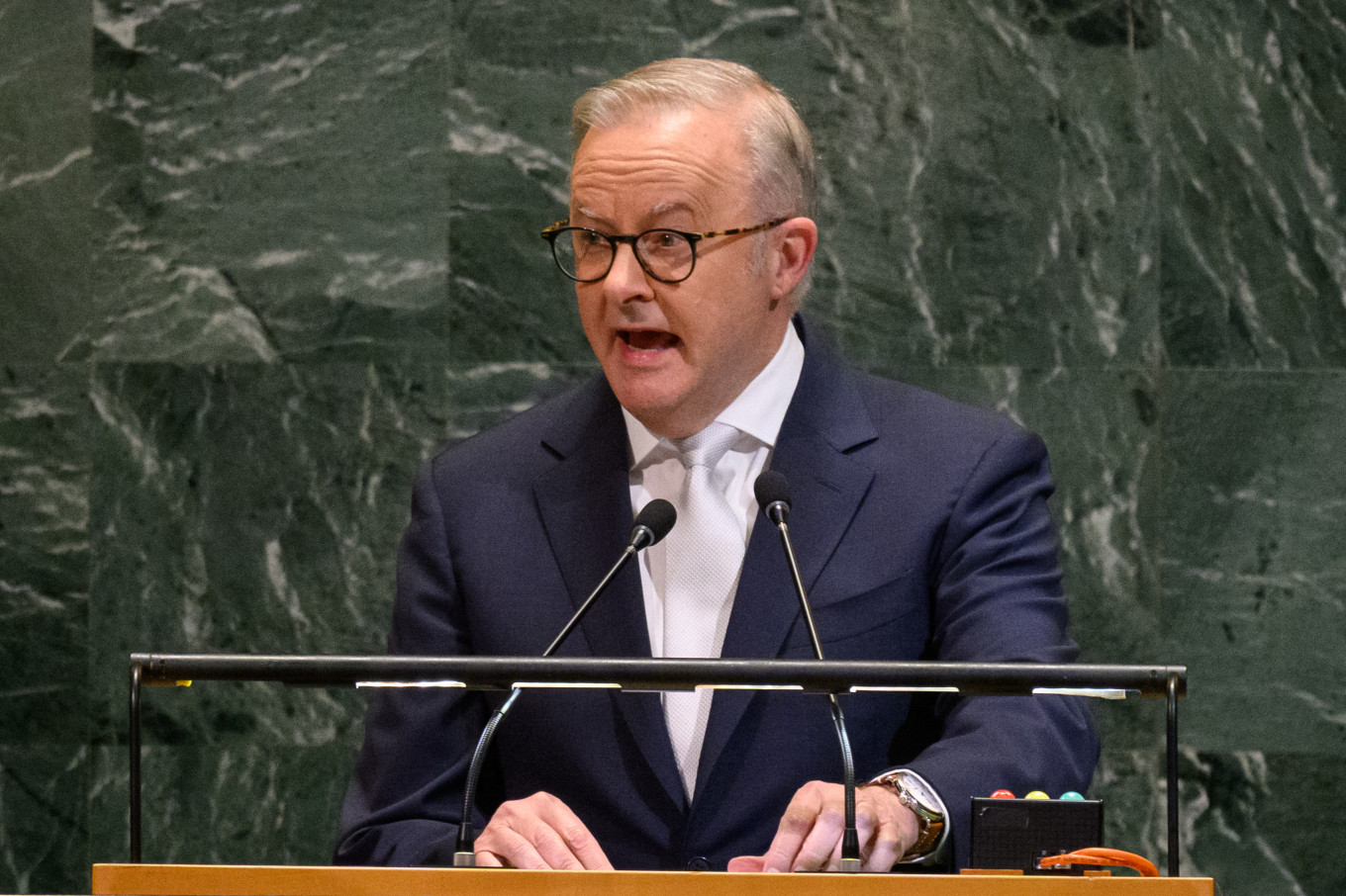 Australian Prime Minister Anthony Albanese speaks at the 80th session of the UN’s General Assembly (UNGA) on September 24, 2025 in New York City. World leaders convened for the 80th session of UNGA, with this year’s theme for the annual global meeting being “Better together: 80 years and more for peace, development and human rights”.