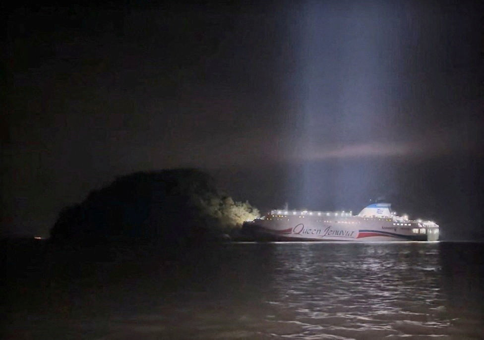 A South Korean ferry carrying about 260 passengers is stranded near a rocky island in the sea off Shinan, South Korea, on Nov. 19, 2025. 