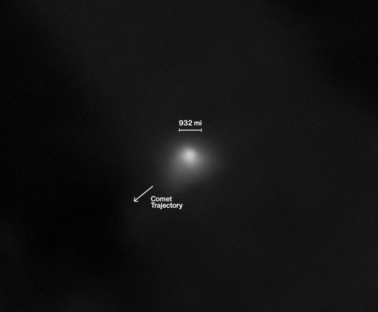 This NASA image obtained on November 19, 2025, shows an annotated version, with the trajectory and scale bar, of the interstellar comet 3I/ATLAS, captured by the High Resolution Imaging Science Experiment (HiRISE) camera on NASA's Mars Reconnaissance Orbiter spacecraft on October 2, 2025. 