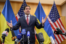 Reassuring allies: United States Secretary of State Marco Rubio gestures during a press conference on Sunday, Nov. 23, at the US Mission to International Organizations in Geneva, Switzerland, after closed-door talks on a US plan to end the war in Ukraine.