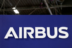 The Airbus logo is displayed at the Parc des Expositions de Paris-Nord-Villepinte exhibition centre in Villepinte, near Paris, France, on Nov. 18, 2025.