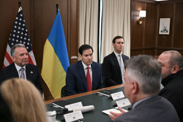 (Left/right) White House Special Envoy Steve Witkoff, US Secretary of State Marco Rubio, and Jared Kushner listen as Rustem Umerov (right) speaks while leading Ukrainian delegation during a meeting in Hallandale Beach, Florida on November 30, 2025. 