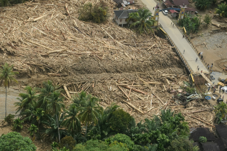 Fallen trees, which were swept away in a flash flood, are pictured washed up in Batang Toru, South Tapanuli, North Sumatra, on Dec. 2, 2025.