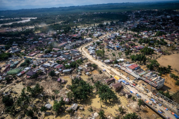 An aerial photo shows Aceh Tamiang regency in Aceh on Dec. 4, 2025, one week after floods and landslides triggered by Tropical Cyclone Senyar made landfall on the northern part of Sumatra. Nearly 1.5 million people across 3,310 villages in Aceh province are affected by the disasters, according to official estimates. 