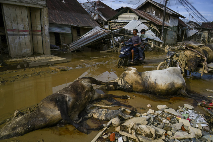 People affected by a flash flood ride a motorcycle along muddy streets and past cow carcasses in Aceh Tamiang, Aceh province on Dec. 6, 2025.