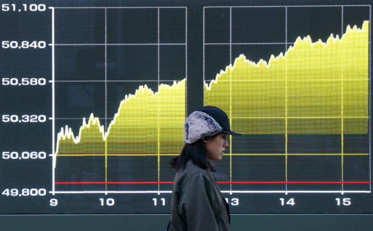 An electronic display board shows the daily movement of the Nikkei Stock Average on the Tokyo Stock Exchange on Thursday in Tokyo. 