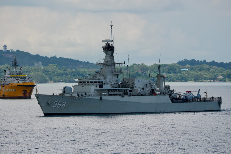 Show of solidarity: The Navy's Bung Tomo-class corvette, KRI John Lie, arrives at a naval base on Sept. 20, 2023, during the ASEAN Solidarity Exercise Natuna 2023 involving six countries. The medical and humanitarian exercise in the Natuna waters took place amid China's claims over the South China Sea. 