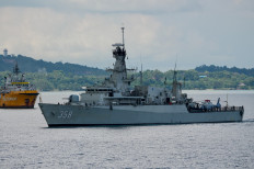 Show of solidarity: The Navy's Bung Tomo-class corvette, KRI John Lie, arrives at a naval base on Sept. 20, 2023, during the ASEAN Solidarity Exercise Natuna 2023 involving six countries. The medical and humanitarian exercise in the Natuna waters took place amid China's claims over the South China Sea. 