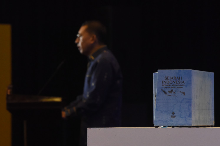 Culture Minister Fadli Zon delivers a speech during the soft launch of the new 'official' history book in Jakarta on Dec. 14, 2025. 