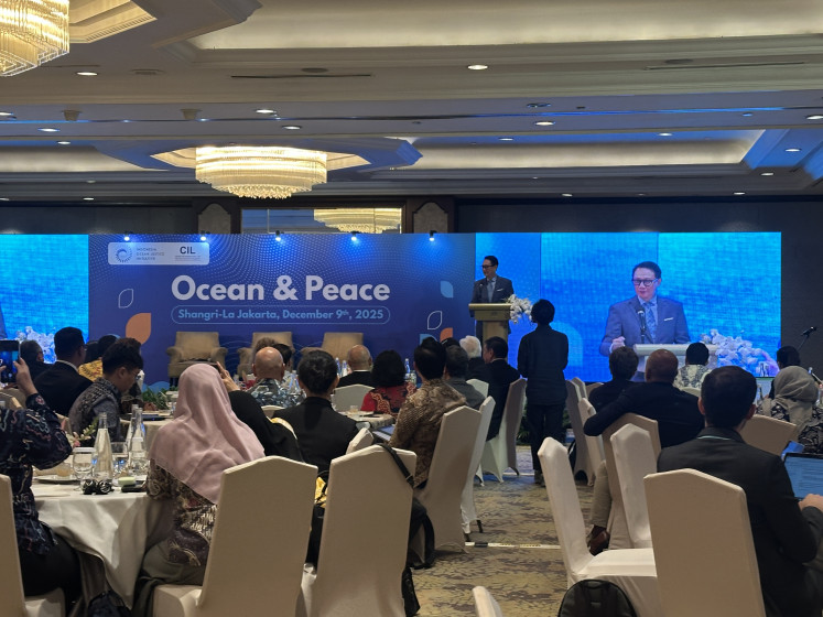 Third Deputy Foreign Minister Arif Havas Oegroseno delivers an address at the Ocean & Peace forum at the Shangri-La Hotel in Central Jakarta, on Dec. 9, 2025.