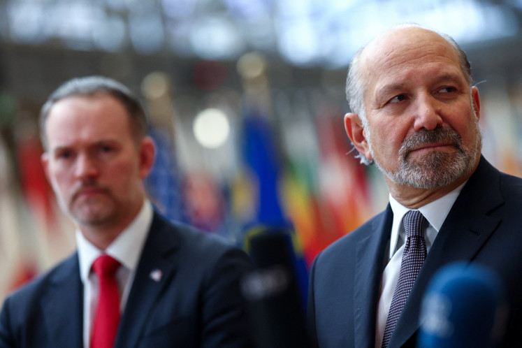 US Commerce Secretary Howard Lutnick and US Trade Representative Jamieson Greer speak to the media, on the day they attend a working lunch with EU ministers responsible for trade, in Brussels, on Nov. 24, 2025.