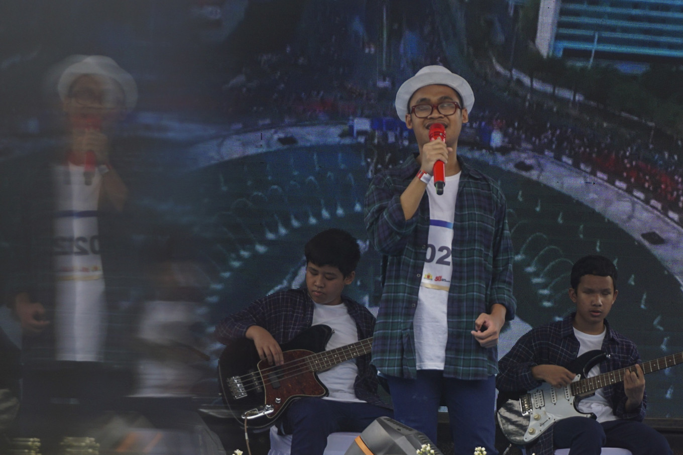 A street musician group performs during an audition for the Street Busker Music Festival at Lapangan Banteng in Jakarta on Nov. 29, 2025.