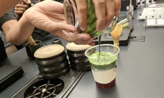 Modern way: A barista prepares a matcha latte with strawberry jam on Dec. 13, 2025, at Moku Matcha Honten in Jakarta.