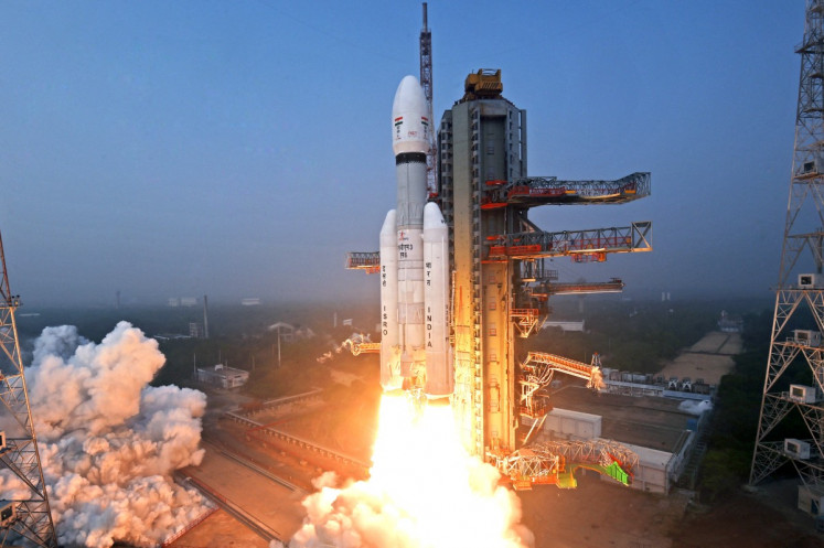 Indian Space Research Organization's (ISRO) launch vehicle LVM3-M6 carrying the United States' next-generation BlueBird Block-2 communication satellite of AST SpaceMobile lifts off from the launch pad at the Satish Dhawan Space Center in Sriharikota in India's Andhra Pradesh state on Dec. 24, 2025.