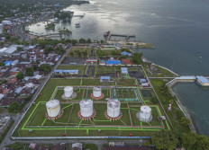 A fuel terminal owned by state-owned oil and gas company PT Pertamina is seen in this aerial photo taken on Dec. 8 in Masohi, Central Maluku regency, Maluku. The fuel terminal is the supply center for gas stations in Central Maluku and surrounding areas that also distributes fuel to outer islands.