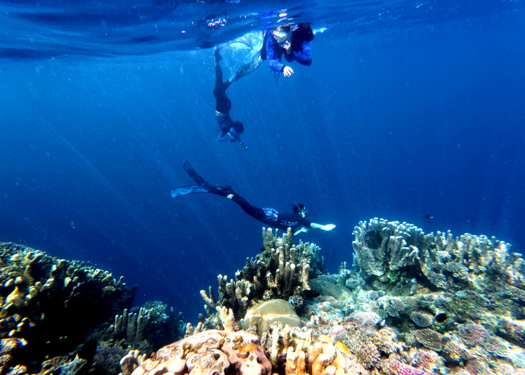 Tourists free dive in a coral reef site on Dec. 28, 2025, at the Oluhuta Paradise tourist attraction in Bone Bolango regency, Gorontalo. Visits to the special-designation tourism site increased from an average of 19 people per day to about 130 people per day during the 2025 Christmas and 2026 New Year holiday period.