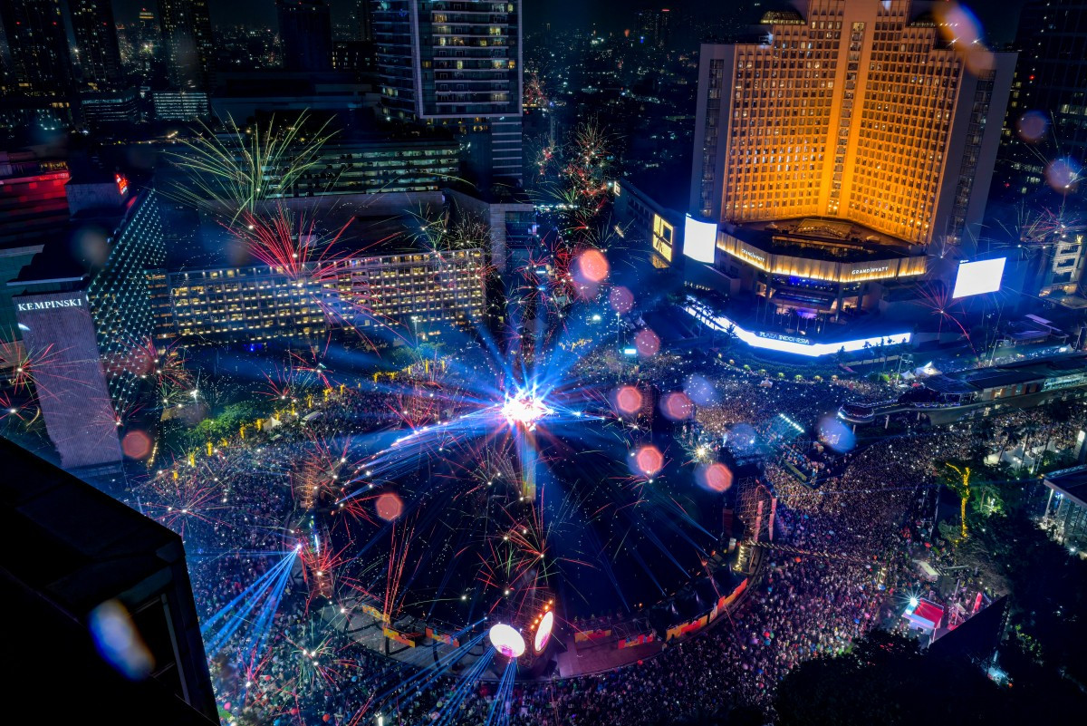 Fireworks light up the midnight sky during 2026 New Year's Day celebrations in Jakarta on Jan. 1, 2026.