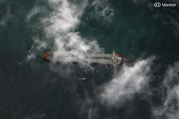 A satellite image shows the Skipper, a very large crude carrier and the first Venezuela-related vessel seized by the US on Dec. 10, near the shoreline of Galveston, Texas, US, on Dec. 21, 2025.