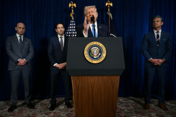 United States President Donald Trump (center), alongside (from left to right) Deputy Chief of Staff Stephen Miller, Secretary of State Marco Rubio and Secretary of Defense Pete Hegseth speaks to the press following US military actions in Venezuela at his Mar-a-Lago residence in Palm Beach, Florida, the US on Jan. 3, 2026. President Trump said Saturday that US forces had captured Venezuelan leader Nicolas Maduro after launching a &ldquo;large scale strike&ldquo; on the South American country.