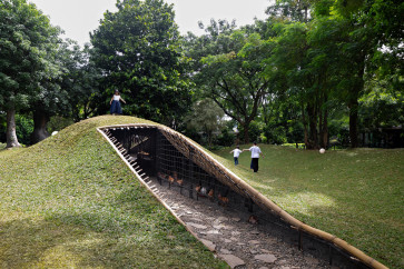 Urban farming reimagined: Chicken Hero Pavilion, a self-initiated project by RAD+ar, rises as a hilly structure in Urban Forest, South Jakarta, exploring backyard poultry farming as a design response to food waste and urban resilience.