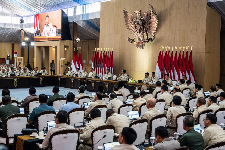 President Prabowo Subianto (center) delivers a speech during the second cabinet retreat on Jan. 6 at his private residence in Hambalang, Bogor, West Java. During the gathering, the President set strategy for his flagship programs with members of his cabinet, among other focuses.