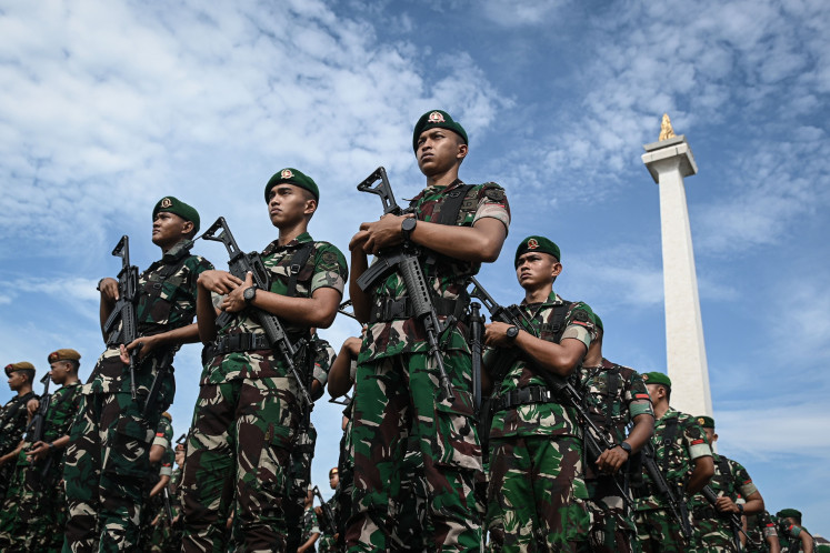 Indonesian Military (TNI) personnel attend a Christmas security briefing at the National Monument (Monas) complex in Jakarta on Dec. 24, 2025.