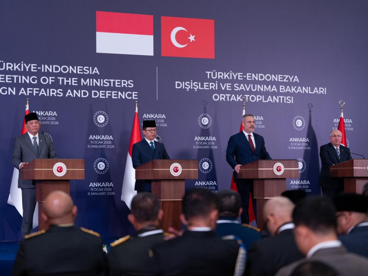 Defense Minister Sjafrie Sjamsoeddin (from left), Foreign Minister Sugiono, Turkish Foreign Minister Hakan Fidan and Turkish Defense Minister Yaşar G&uuml;ler address a press briefing after a 2+2 meeting in Ankara, Turkey on Jan. 9, 2026. During the meeting, the ministers reaffirmed commitment to deepen bilateral cooperation across multiple sectors, including defense.