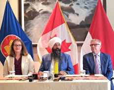 Canada&rsquo;s Secretary of State for International Assistance Randeep Sarai (middle), Ambassador to Indonesia and Timor-Leste Jess Dutton (right) and Ambassador to ASEAN Ambra Dickie (left) address the press on Jan. 13, 2025, in Jakarta.