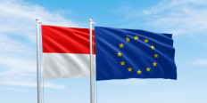 An illustration of Indonesia&rsquo;s Red and White national flag and the flag of the European Union