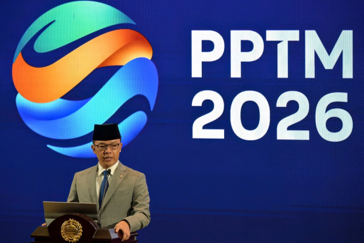 Foreign Minister Sugiono delivers his speech during the Foreign Minister's Annual Press Statement (PPTM) in Jakarta on Jan. 14, 2026.