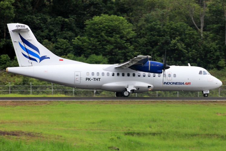 ATR 42-500 turboprop airplane operated by PT Indonesia Air Transport is seen at Soroako Airport in East Luwu regency, South Sulawesi, in this undated photo.
