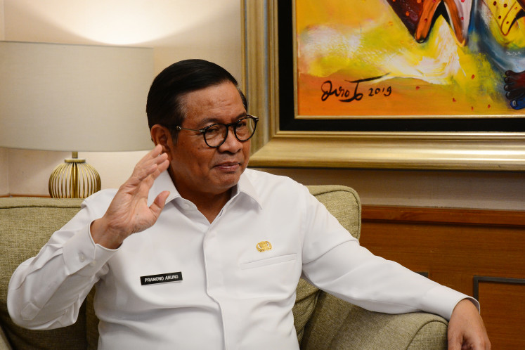 Jakarta Governor Pramono Anung gestures while speaking about his first year in office and developing the megalopolis on Jan. 20, 2026, during an interview with 'The Jakarta Post' at City Hall in Gambir, Central Jakarta.