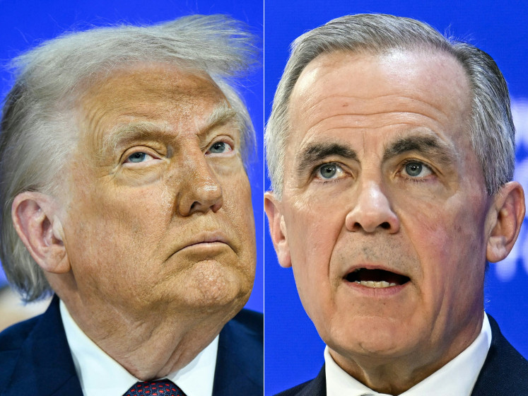This combination of pictures created on Jan. 24, 2026 shows, US President Donald Trump (left) in Davos, Switzerland, on Jan. 22, 2026, and Canadian Prime Minister Mark Carney in Davos on Jan. 20, 2026.