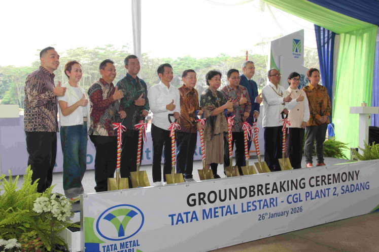 People on stage make a thumbs-up gesture on Jan. 26, 2026 at the groundbreaking of the PT Tata Metal Lestari&rsquo;s Continuous Galvanizing Line (CGL) 2 facility in Purwakarta, West Java.
