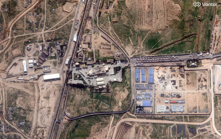 A satellite image shows trucks amassed at the Rafah border crossing, between Egypt and the Gaza Strip, January 29, 2026.