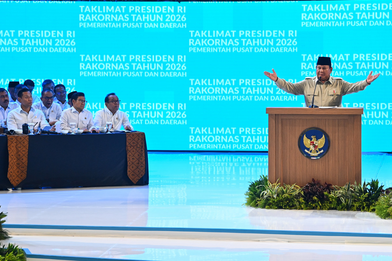 President Prabowo Subianto (right) delivers a briefing on Feb. 2, 2026, during the 2026 National Coordination Meeting for cabinet members and regional leaders at the Sentul International Convention Center in Bogor regency, West Java. The forum, attended by officials from the central government and regional administrations as well as leaders of regional legislatures, the military, police, the Attorney General&rsquo;s Office (AGO), the State Intelligence Agency and the Statistics Indonesia (BPS), aimed to strengthen coordination between the central government and regional administrations in implementing the President&rsquo;s priority programs toward Indonesia&rsquo;s 2045 Golden Vision.