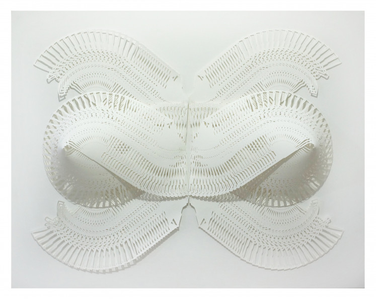 'Mo.nu.men.tal' (2026) by Mujahidin Nurrahman, hand-cut paper, glue, plywood, acrylic sheet, 112 x 88 x 16 cm