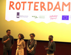 Post-premiere chat: &lsquo;Rangga & Cinta&rsquo; producer Nicholas Saputra (left) speaks on Jan. 31, 2026, during a question and answer session along with (from second left) fellow producer Mira Lesmana and director Riri Riza, as well as a moderator, shortly after the movie&rsquo;s European premiere at the 55th International Film Festival Rotterdam in Rotterdam, the Netherlands.