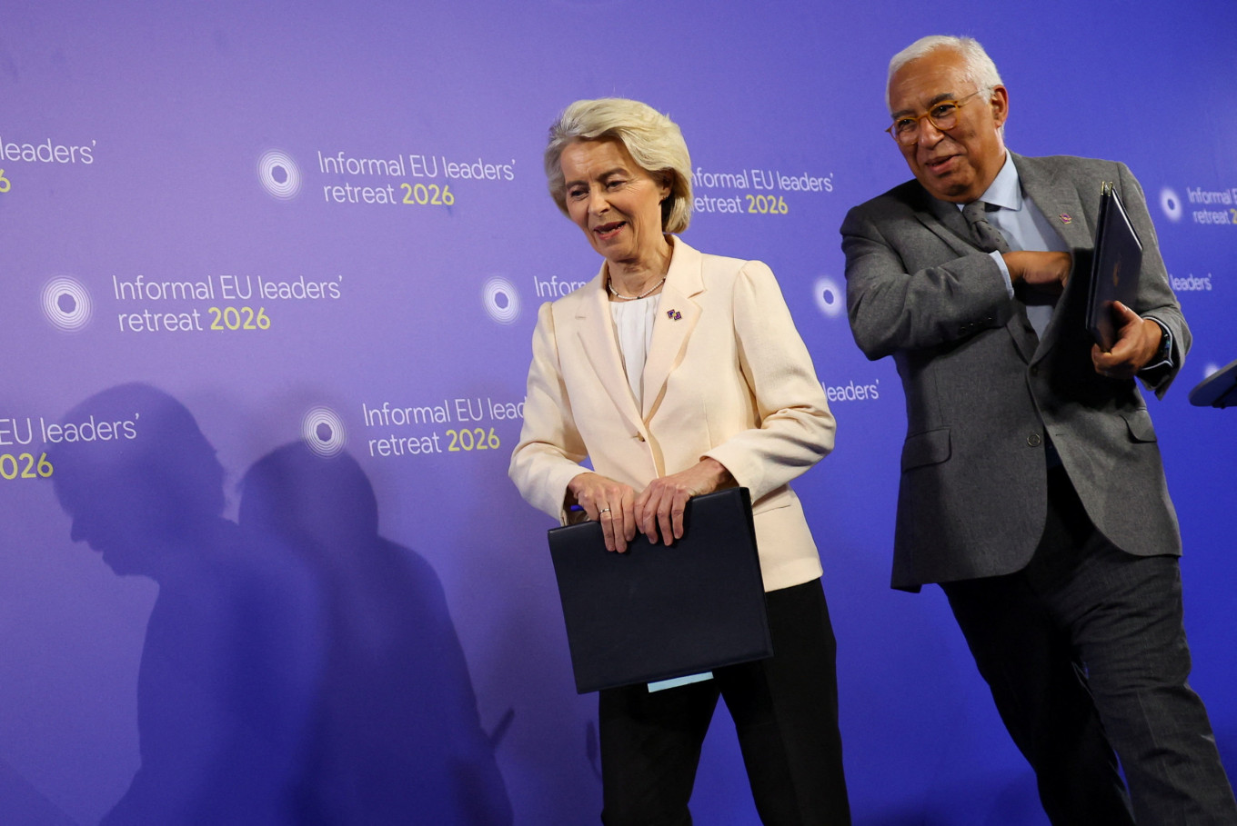 European Commission President Ursula von der Leyen and European Council&rsquo;s President Antonio Costa leave after a press conference on the day of an informal European Union leaders retreat at Alden Biesen castle, Belgium, on Feb. 12, 2026.