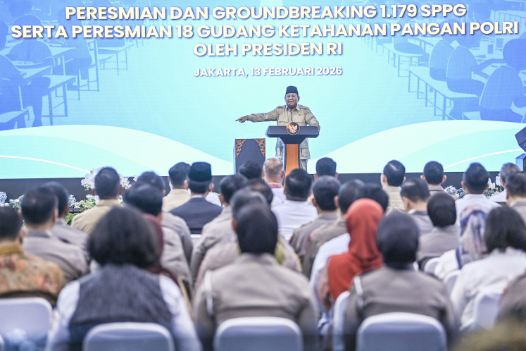 President Prabowo Subianto delivers a speech at the inauguration of 1,072 police-run Nutrition Fulfillment Service Units (SPPG) across Indonesia at Palmerah, West Jakarta, on Feb. 13. The event also marked the opening of 18 police food warehouses and the groundbreaking of 107 new SPPG units, supporting the free meals program.