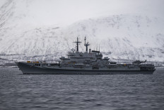 The Giuseppe Garibaldi, an Italian aircraft carrier, the first through-deck aviation ship ever built for the Italian Navy, is pictured on March 10, 2024, during the Nordic Response 24 military exercise at sea near Sorstraumen, above the Arctic Circle in Norway.