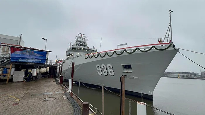 The Indonesian Navy's KRI Canopus hydro-oceanography survey ship is moored at German shipyard Abeking & Rasmussen on Feb. 12 in Lemwerder, Lower Saxony, Germany, during its commissioning ceremony.