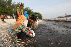 Indonesian Military (TNI) personnel and local residents pick up trash on Feb. 15 from Kenjeran Beach in Surabaya, East Java, during a community beach cleanup. The activity was launched following President Prabowo Subianto's order for regular cleanups by regional administrations and local communities.