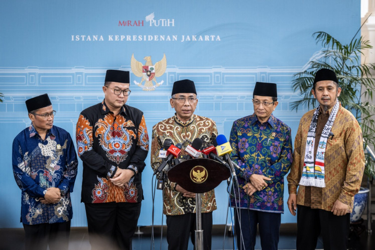 Religious Affairs Minister Nasaruddin Umar (second right) alongside religious leaders attend a press conference on Feb. 3, 2026, after a meeting with President Prabowo Subianto at the State Palace in Central Jakarta. The meeting discussed Indonesian participation in the Board of Peace. 