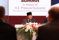 President Prabowo Subianto sits at his table on Wednesday during the United States-Indonesia Business Summit hosted by the US Chamber of Commerce in Washington, D.C.
