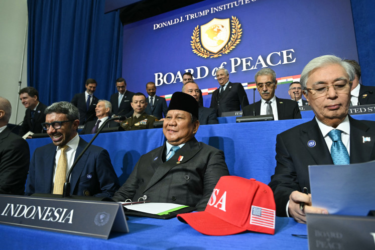 Indonesia's President Prabowo Subianto (front center) and Kazakhstan's President Kassym-Jomart Tokayev (front right) attend the inaugural meeting of the &ldquo;Board of Peace&ldquo; hosted by United States President Donald Trump on Thursday at the US Institute of Peace in Washington, DC. President Trump on Thursday gathered allies to inaugurate the &ldquo;Board of Peace,&ldquo; his new institution focused on progress on Gaza but whose ambitions reach much further. Around two dozen world leaders or other senior officials have come to Washington for the meeting -- including several of Trump's authoritarian-leaning friends and virtually none of the European democrats that traditionally sign on to US initiatives. 