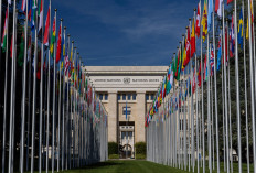The flag alley at the United Nations European headquarters is seen on Sept. 11, 2023, during the Human Rights Council in Geneva, Switzerland.