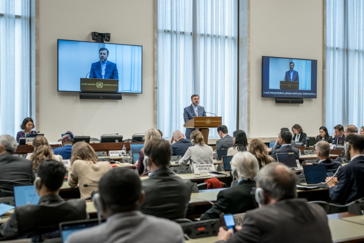 Iran's Deputy Foreign Minister Kazeem Gharibabadi addresses the audience on Saturday during the annual high-level debate of the United Nations Conference on Disarmament in Geneva, Switzerland.