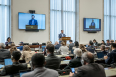 Iran's Deputy Foreign Minister Kazeem Gharibabadi addresses the audience on Saturday during the annual high-level debate of the United Nations Conference on Disarmament in Geneva, Switzerland.